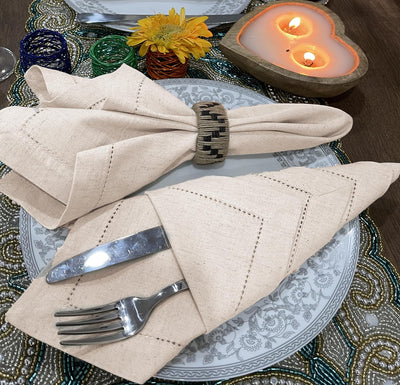 Luxurious Linen Flax Cotton Dinner Napkins Set of 12 – 18x18 Natural Fabric with Elegant Hemstitched Mitered Corners – Perfect for Weddings, Cocktails & Parties – Machine Washable