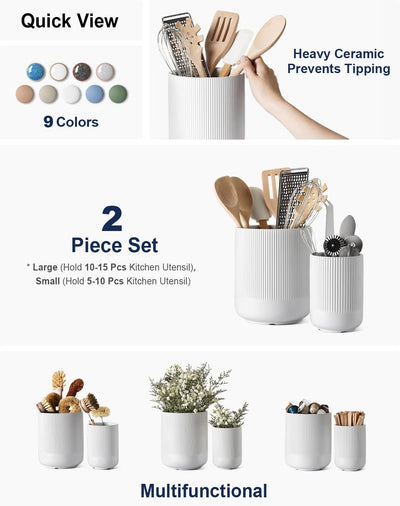Stylish Ceramic Utensil Holder Set - 7.3" & 5.4" Kitchen Organizers for Spatula and Cooking Tools - Modern Countertop Decor in Elegant White