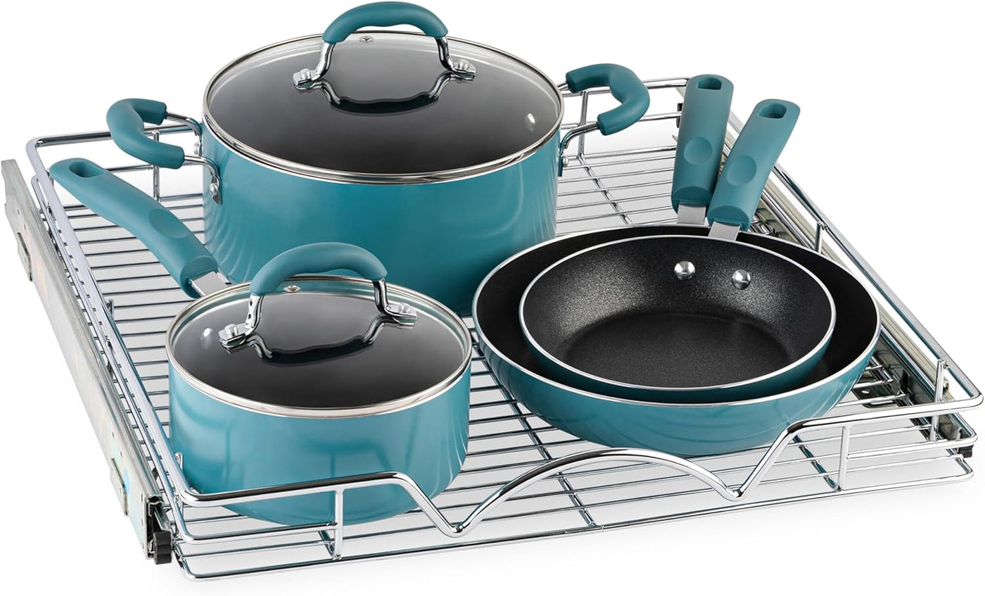 Heavy-Duty Pull-Out Cabinet Organizer with Lifetime Warranty - 20”W x 21”D Steel Metal Drawers, Chrome Finish