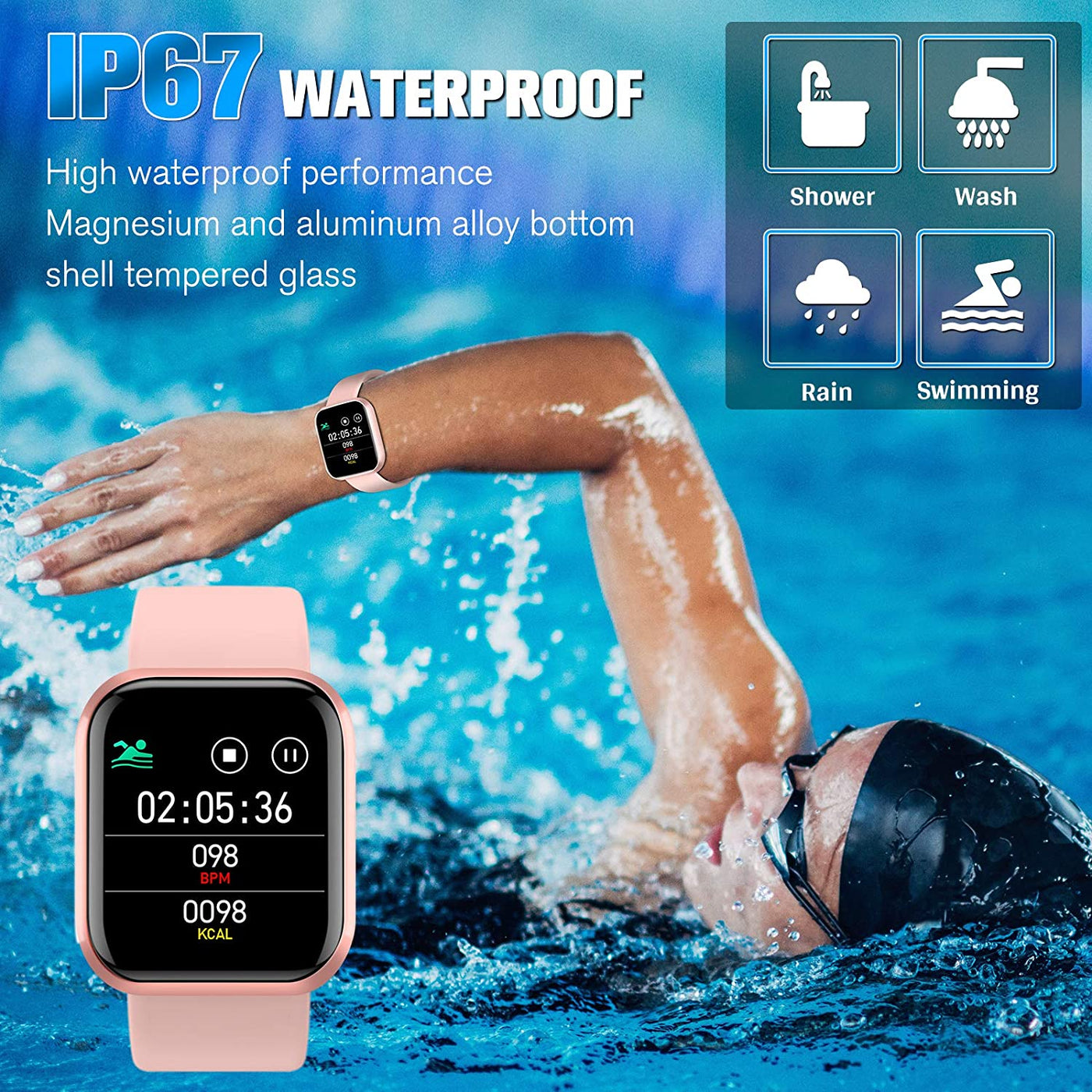 Smartwatch – Fitness & Activity Tracker, Heart Rate & BP Monitor, IP67 Waterproof (Pink) - GG store