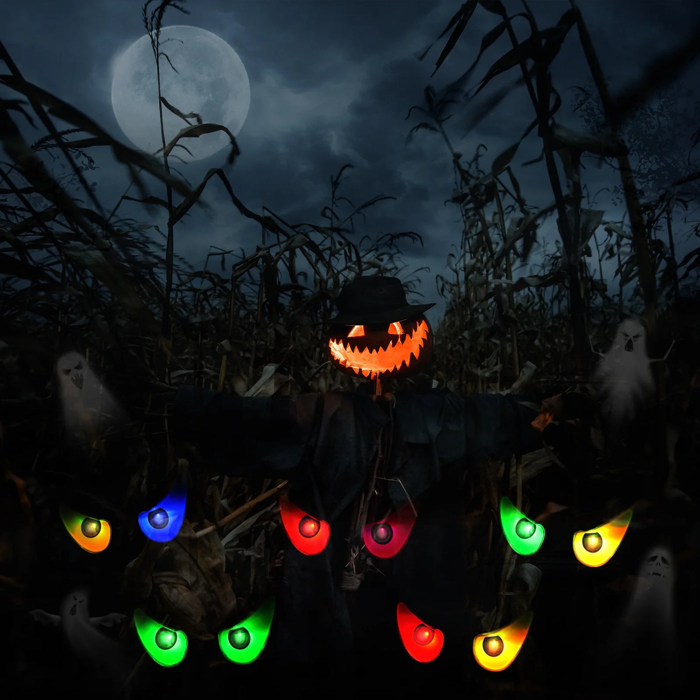 Spook-tacular Halloween Ghost Eyes LED Lights - 10 RGB Flashing Eyeballs for Creepy Indoor & Outdoor Graveyard Decor!