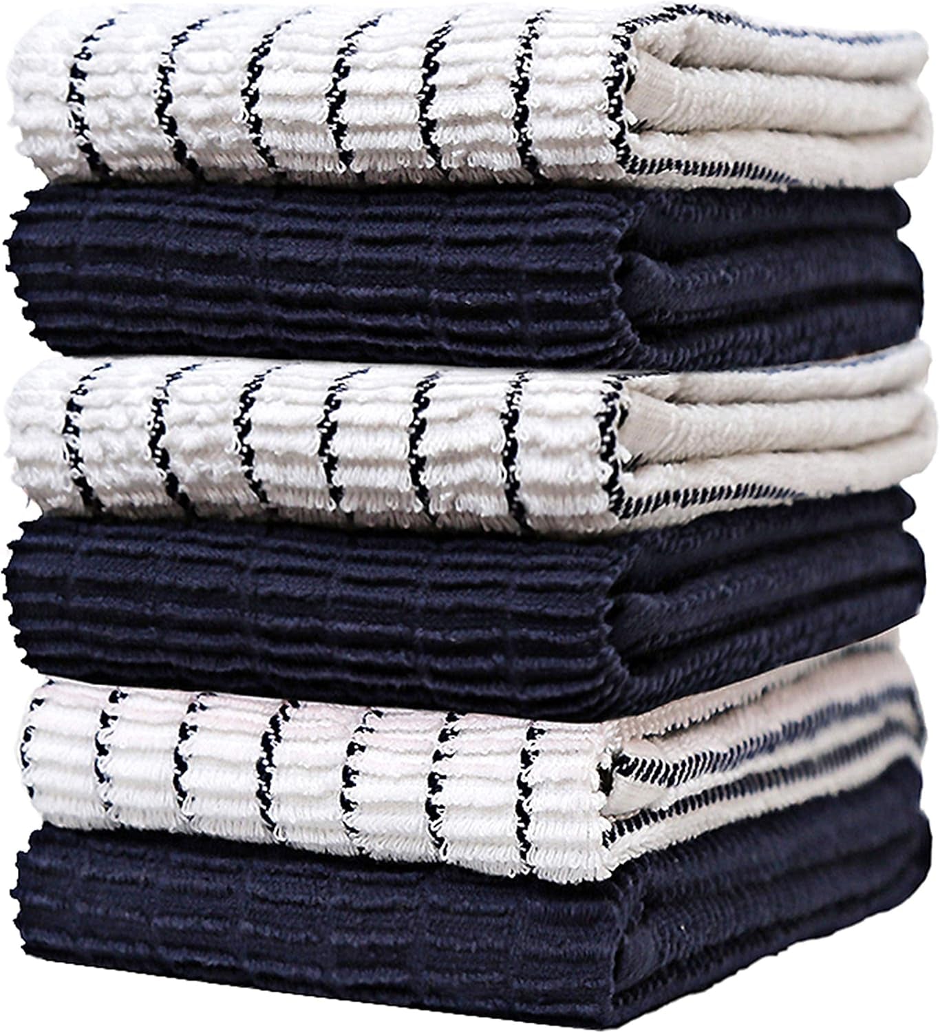 Premium Set of 6 Navy Kitchen Towels - Extra Absorbent 380 GSM Striped Chef Weave Hand Towels - Ideal for Drying Dishes and Everyday Kitchen Use