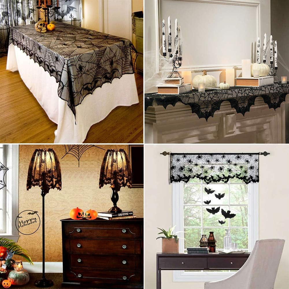Aritiflr 3 Pack Halloween Decorations, Black Lace Party Decor, Spider Web Fireplace Mantel Scarf Cover, Spider Web Table Topper Tablecloth, Halloween Lamp Shade