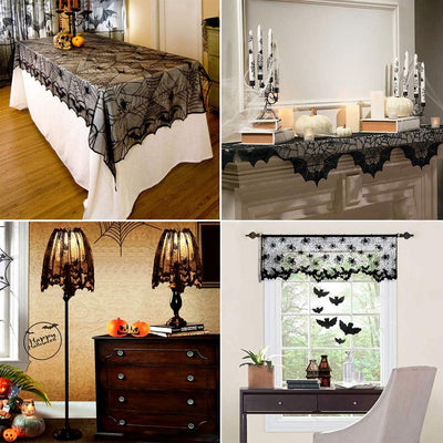 Aritiflr 3 Pack Halloween Decorations, Black Lace Party Decor, Spider Web Fireplace Mantel Scarf Cover, Spider Web Table Topper Tablecloth, Halloween Lamp Shade