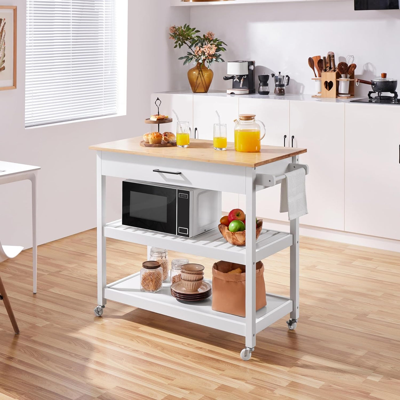 Stylish 40" Rolling Kitchen Island Cart with Solid Wood Top, 3 Tiers and Ample Storage - Perfect for Dining or Entertaining, White Finish