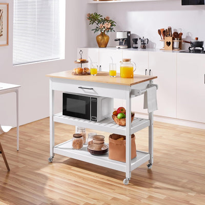 Stylish 40" Rolling Kitchen Island Cart with Solid Wood Top, 3 Tiers and Ample Storage - Perfect for Dining or Entertaining, White Finish