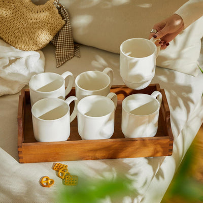 Extra Large 21 Oz Stackable Porcelain Mug Set - 6 Elegant White Coffee, Tea & Mulled Drink Cups with Handles