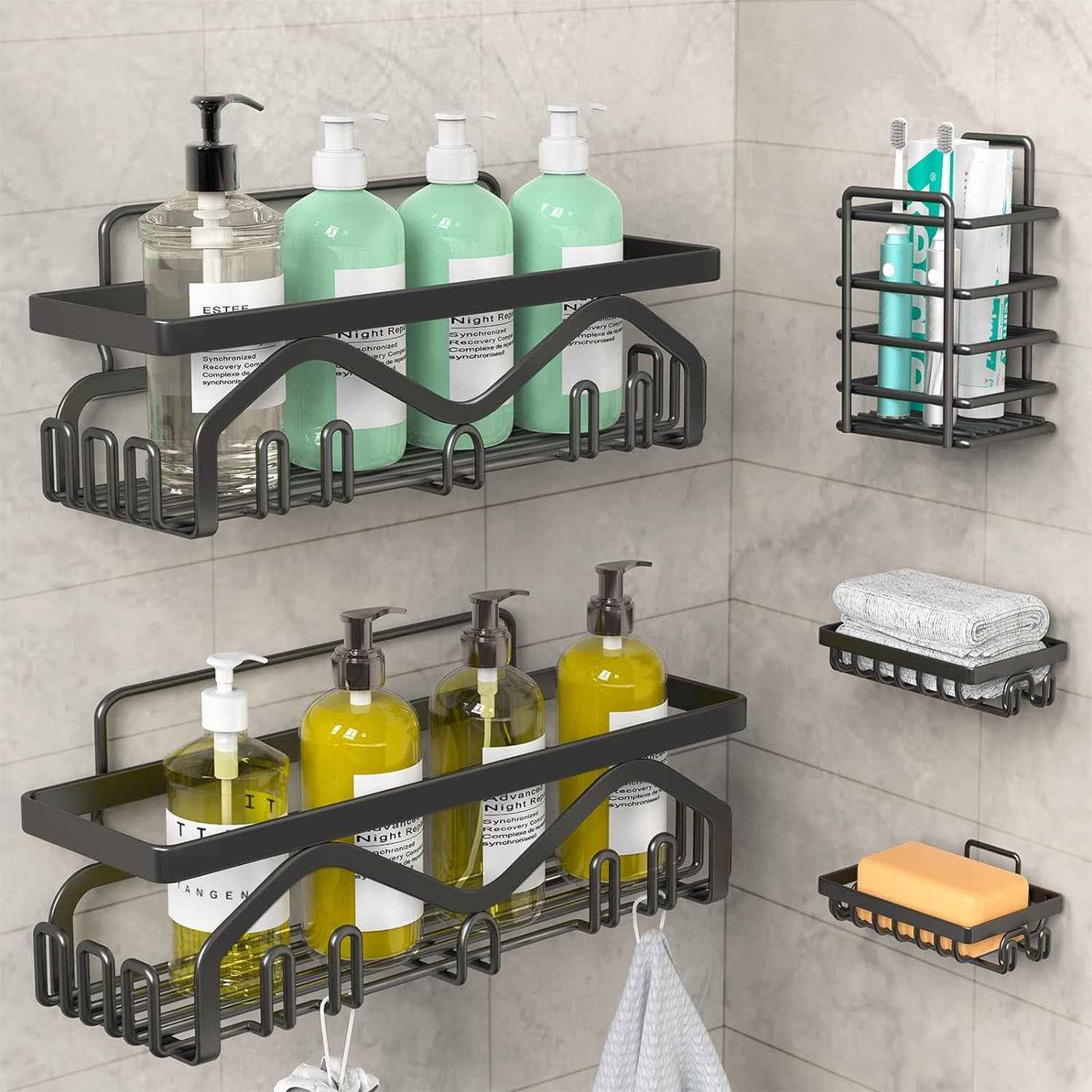 Shower Caddy, Shower Shelves [5-Pack], Adhesive Shower Organizer No Drilling, Large Capacity, Rustproof Stainless Steel Bathroom Shower Organizer, Shower Shelf for inside Shower, Black. - GG store