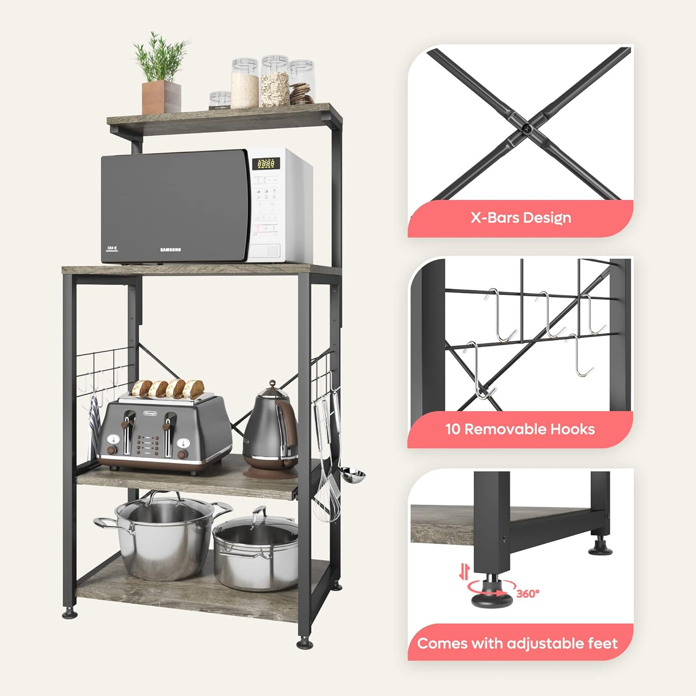 Versatile Kitchen Bakers Rack with Wheels - Microwave Stand & Utility Storage Shelf with 10 Hooks and Adjustable Feet