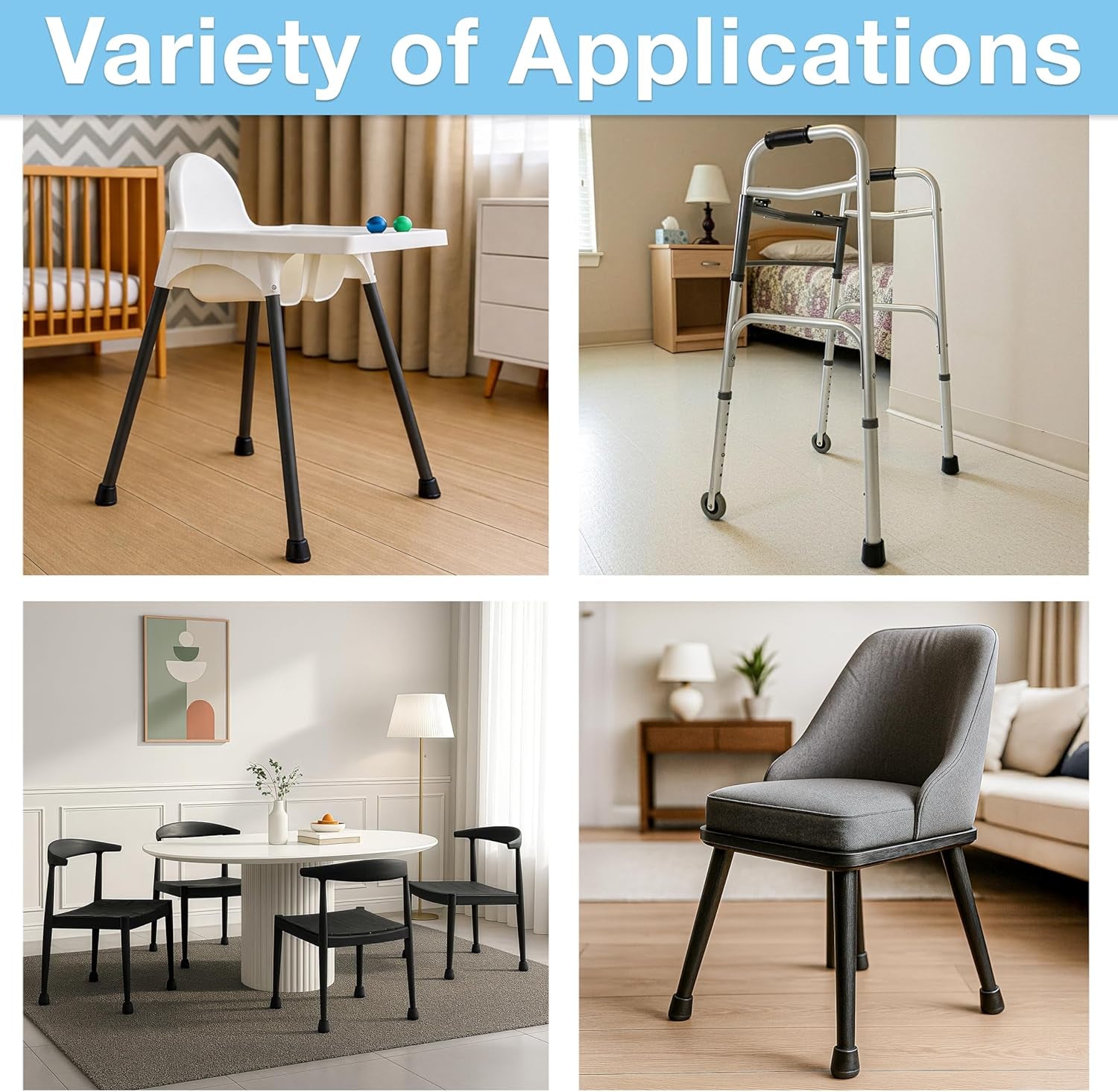 Non-Slip round Rubber Leg Tip Protectors 4 Pack – 1/2" Inner Diameter - Black