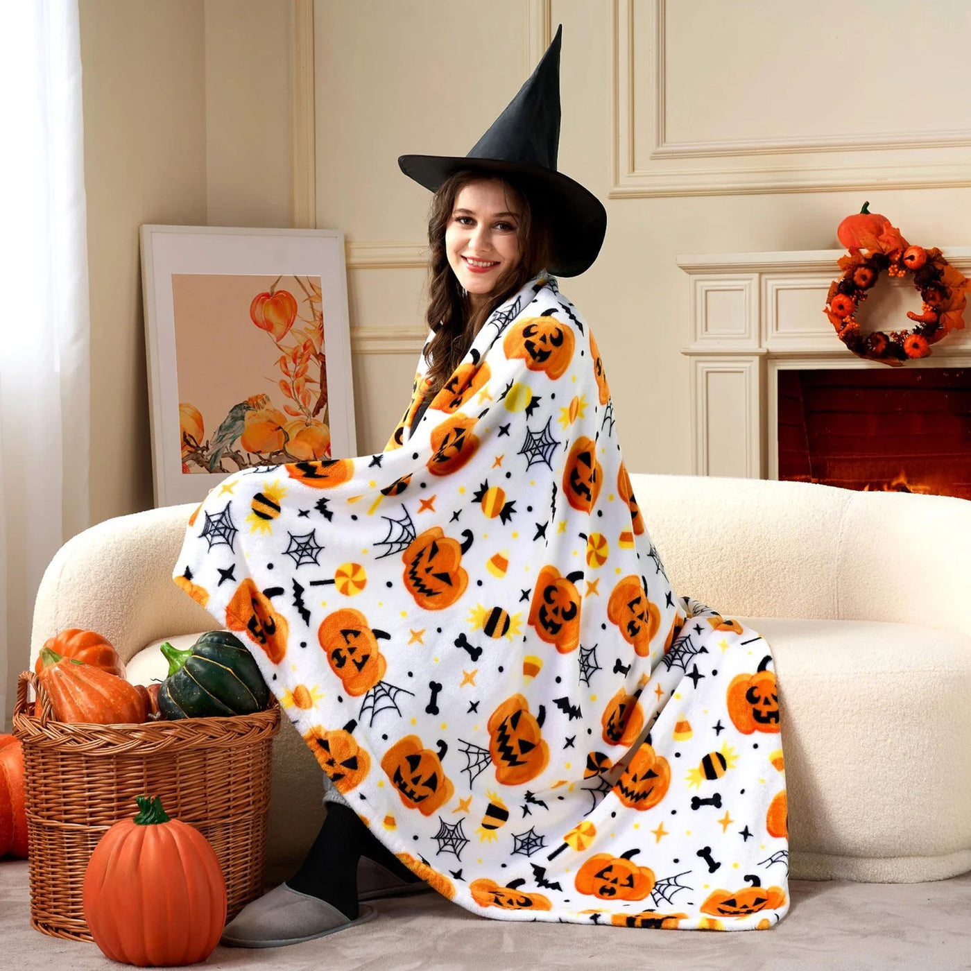 Halloween  - Soft Plush Pumpkin Blanket Warm Fall Throw for Sofa Bed Couch, 2Pcs