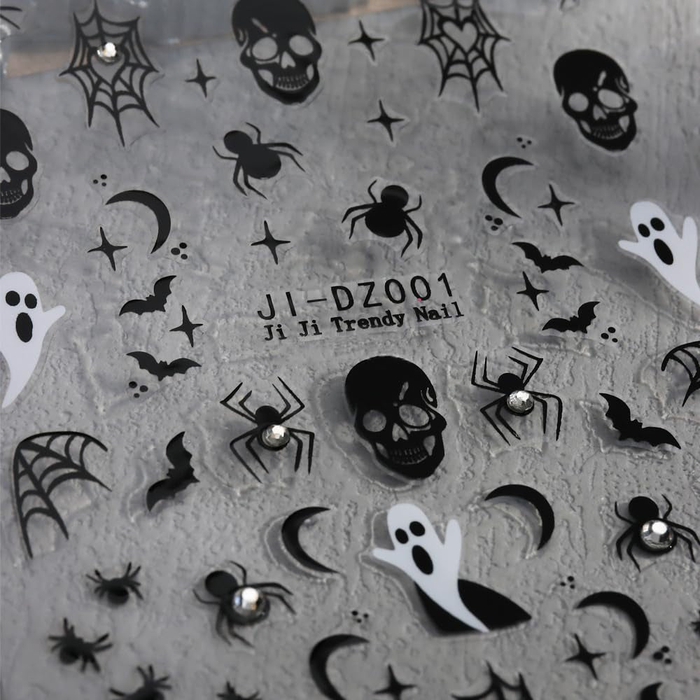 Spook-tacular 3D Halloween Nail Art Stickers - Set of 3 with Rhinestones: Spider Web, Skull & Ghost Designs for Glamorous Manicure Decor!