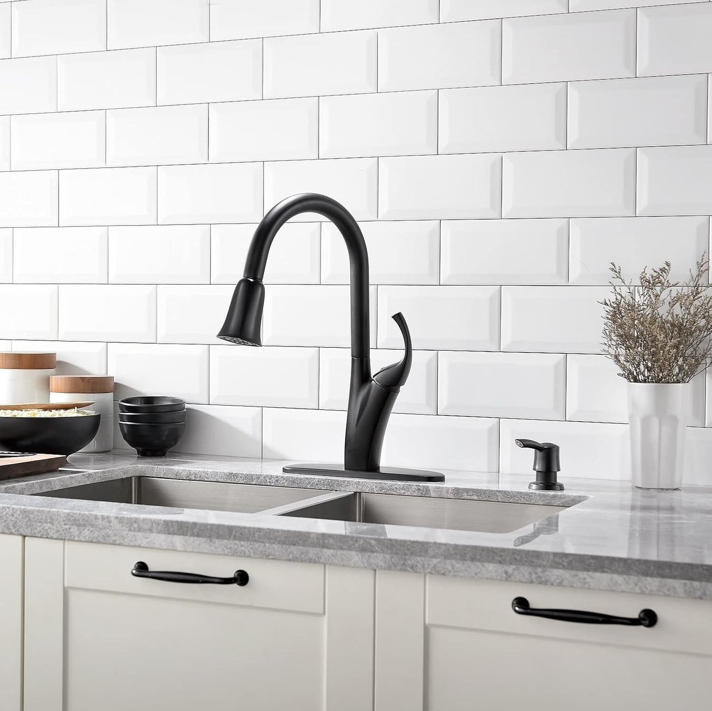 Sleek Matte Black Kitchen Faucet with Pull Down Sprayer and Soap Dispenser - One Handle High Arc Design