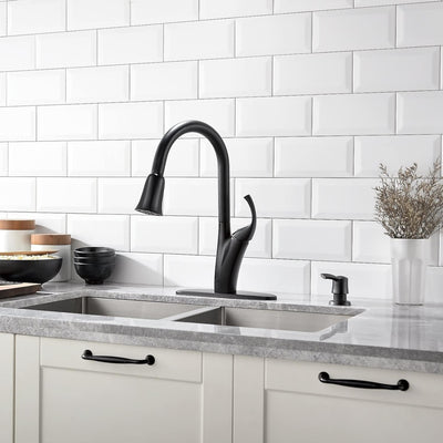 Sleek Matte Black Kitchen Faucet with Pull Down Sprayer and Soap Dispenser - One Handle High Arc Design