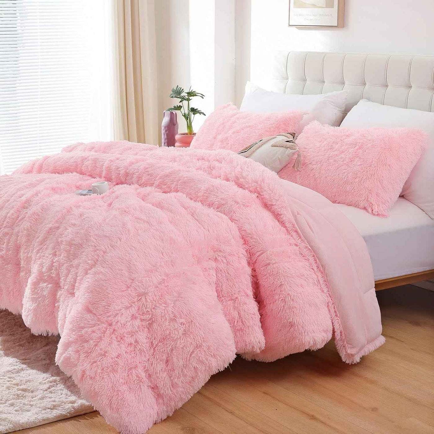 Fluffy Queen Comforter Set, Faux Fur Pink Comforter Set Queen Size, Luxury Fuzzy Bedding Set, Soft Shaggy Bed Set Pink for All Season, 3 Pieces - 1 Comforter & 2 Pillowcases - GG store