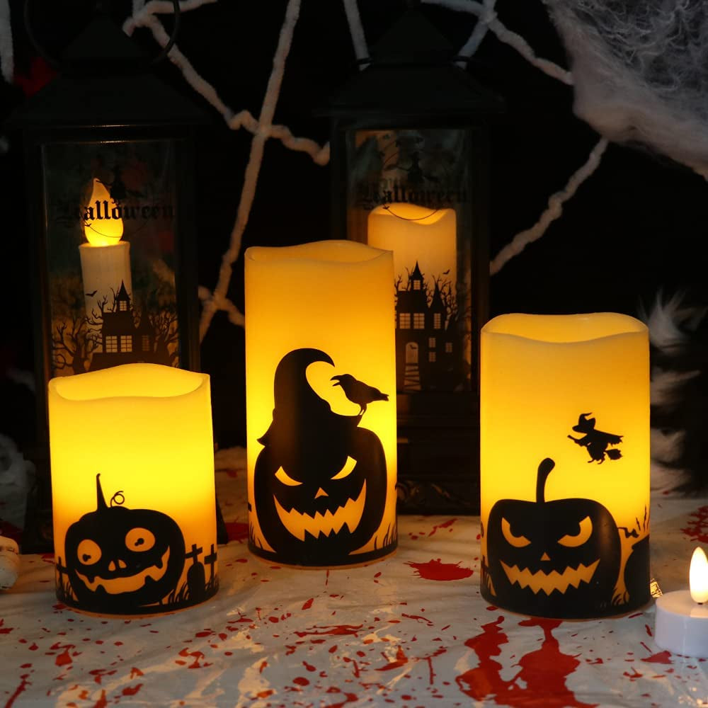 Spooky Halloween Flameless Candles - LED Flickering Pillar Set with Pumpkin Decals, 6H Timer | Perfect Fall Festival Party Decor - Set of 3 (D 3” X H 4”, 5”, 6”)