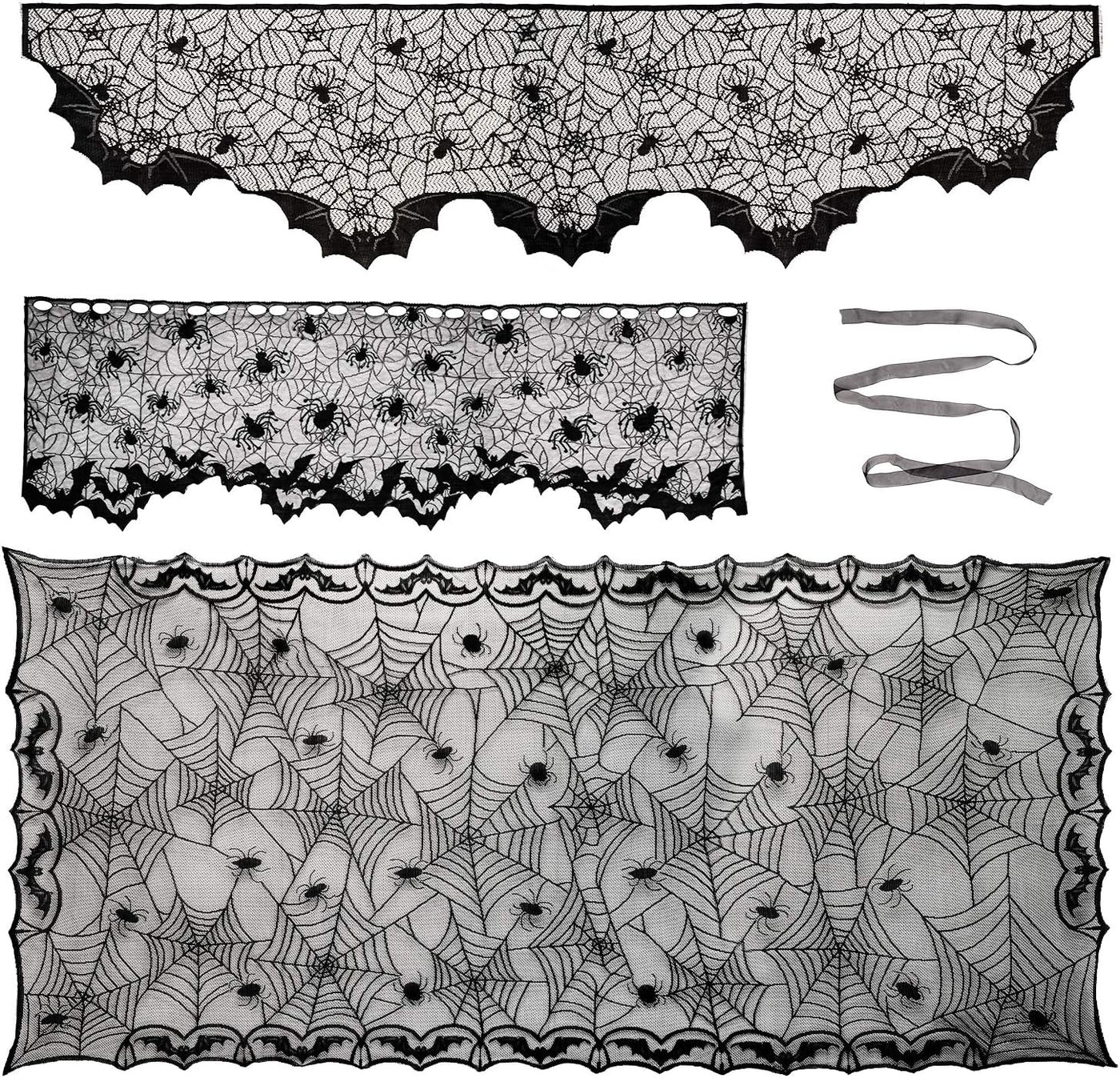 Aritiflr 3 Pack Halloween Decorations, Black Lace Party Decor, Spider Web Fireplace Mantel Scarf Cover, Spider Web Table Topper Tablecloth, Halloween Lamp Shade