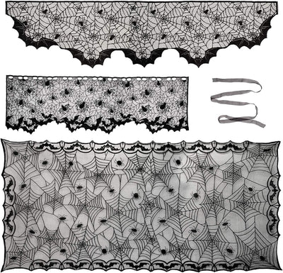 Aritiflr 3 Pack Halloween Decorations, Black Lace Party Decor, Spider Web Fireplace Mantel Scarf Cover, Spider Web Table Topper Tablecloth, Halloween Lamp Shade