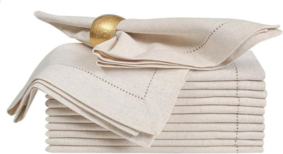 Luxurious Linen Flax Cotton Dinner Napkins Set of 12 – 18x18 Natural Fabric with Elegant Hemstitched Mitered Corners – Perfect for Weddings, Cocktails & Parties – Machine Washable