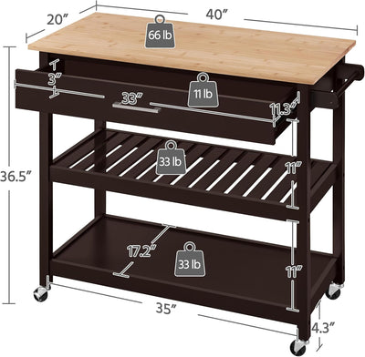 Versatile Bamboo Top Kitchen Island on Wheels - 3-Tier Rolling Cart with Drawer & Wine Storage, Espresso Finish, Perfect for Serving & Microwave Use, 20" D X 40" W
