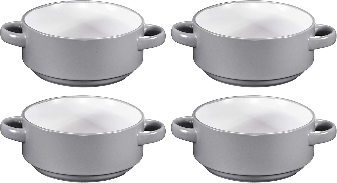 Large 19 Oz Ceramic Soup Bowls with Handles - Set of 4 Stylish Grey French Onion Crocks for Serving, Cereal, or Home Décor