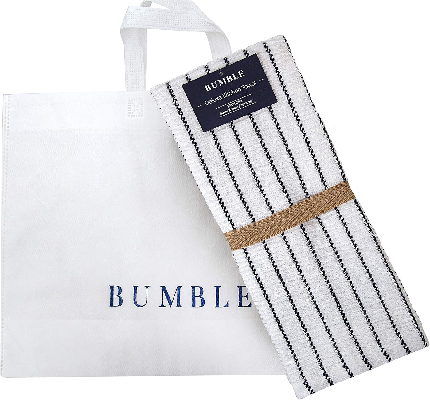 Premium Set of 6 Navy Kitchen Towels - Extra Absorbent 380 GSM Striped Chef Weave Hand Towels - Ideal for Drying Dishes and Everyday Kitchen Use