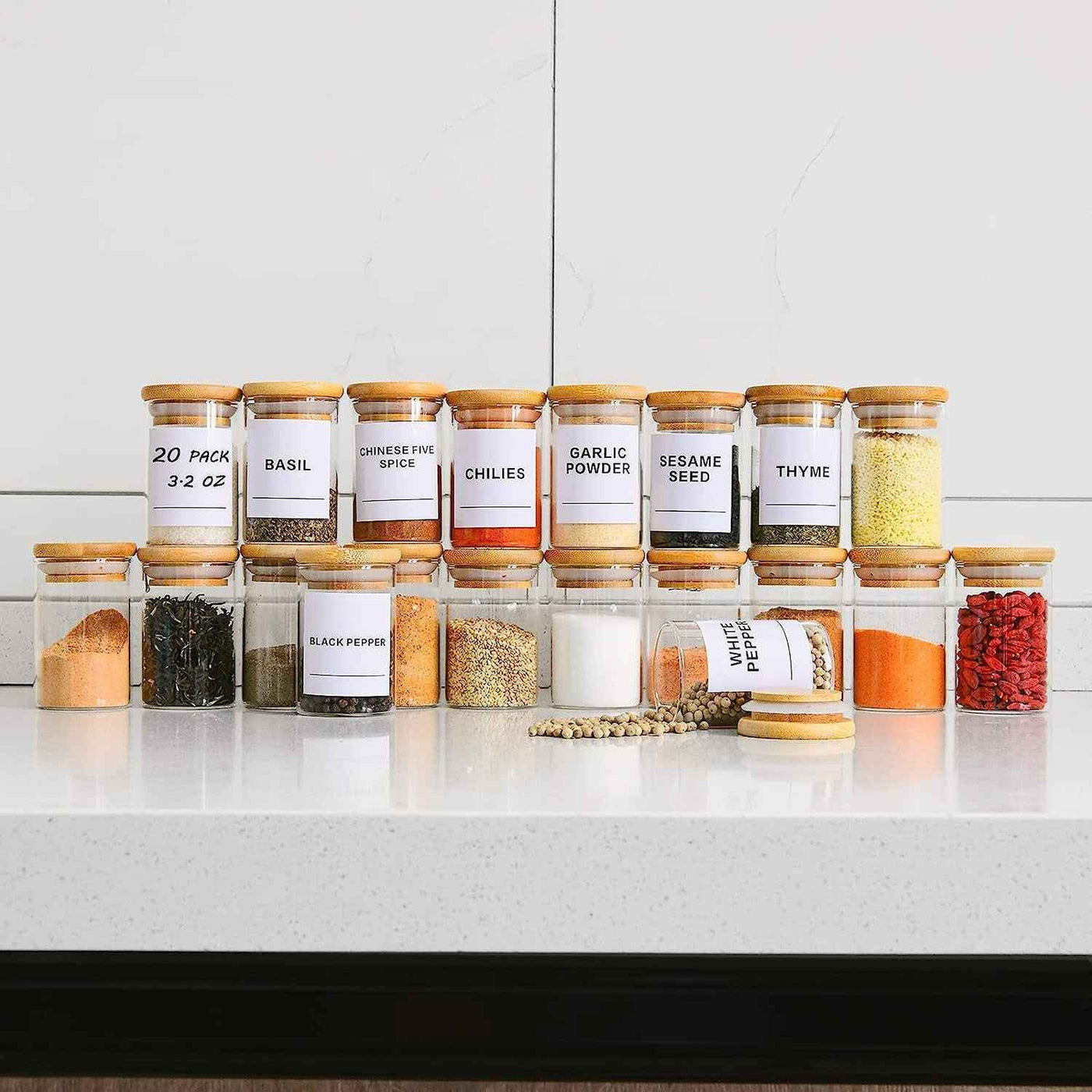 Glass Spice Jars Set of 20 - Mini 3.2Oz Airtight Containers with Bamboo Lids and Preprinted Labels for Pantry Storage - GG store