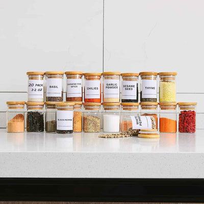 Glass Spice Jars Set of 20 - Mini 3.2Oz Airtight Containers with Bamboo Lids and Preprinted Labels for Pantry Storage - GG store