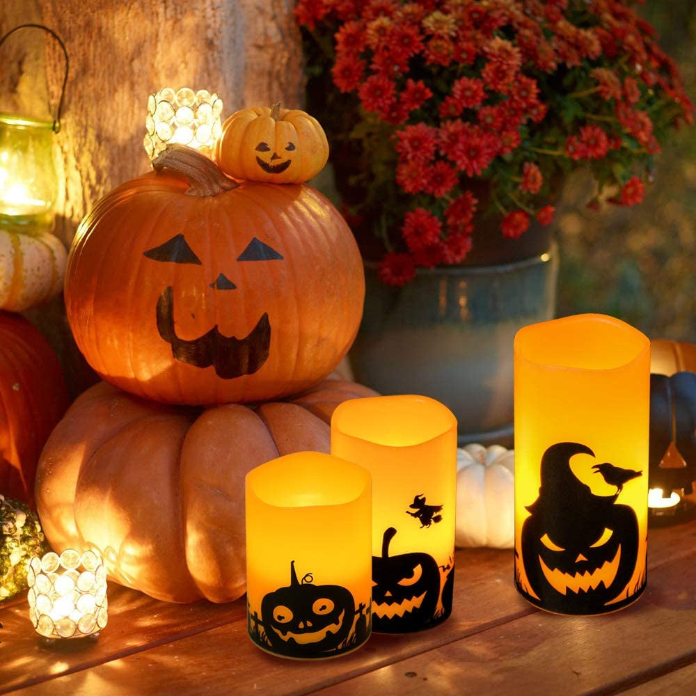 Spooky Halloween Flameless Candles - LED Flickering Pillar Set with Pumpkin Decals, 6H Timer | Perfect Fall Festival Party Decor - Set of 3 (D 3” X H 4”, 5”, 6”)