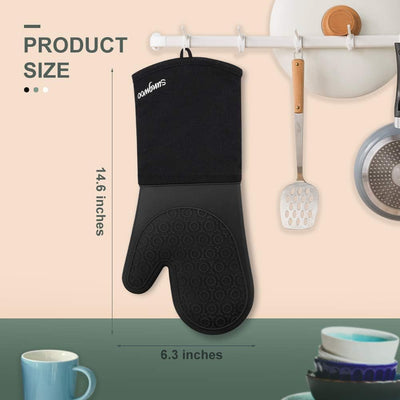 Ultimate Heat Resistant Extra Long Silicone Oven Mitts - 14.6 Inch Non-Slip Grip for BBQ, Baking, Cooking & Grilling - 1 Pair in Stylish Black