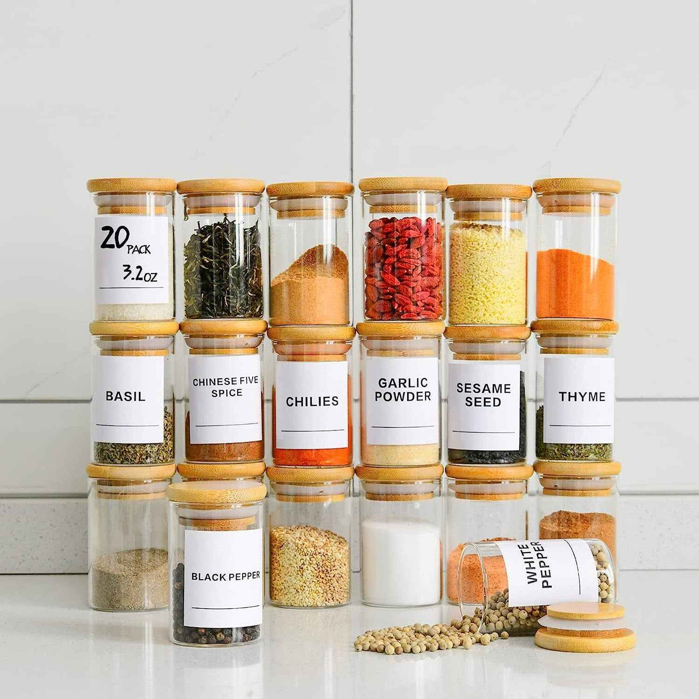 Glass Spice Jars Set of 20 - Mini 3.2Oz Airtight Containers with Bamboo Lids and Preprinted Labels for Pantry Storage - GG store