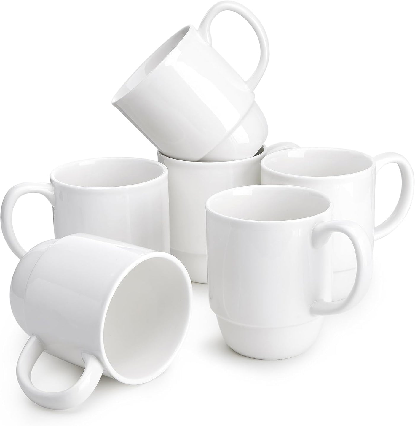 Extra Large 21 Oz Stackable Porcelain Mug Set - 6 Elegant White Coffee, Tea & Mulled Drink Cups with Handles