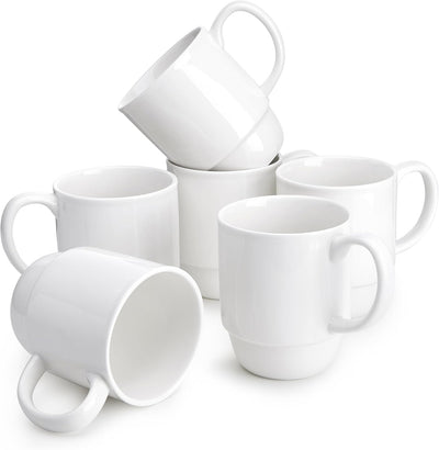 Extra Large 21 Oz Stackable Porcelain Mug Set - 6 Elegant White Coffee, Tea & Mulled Drink Cups with Handles