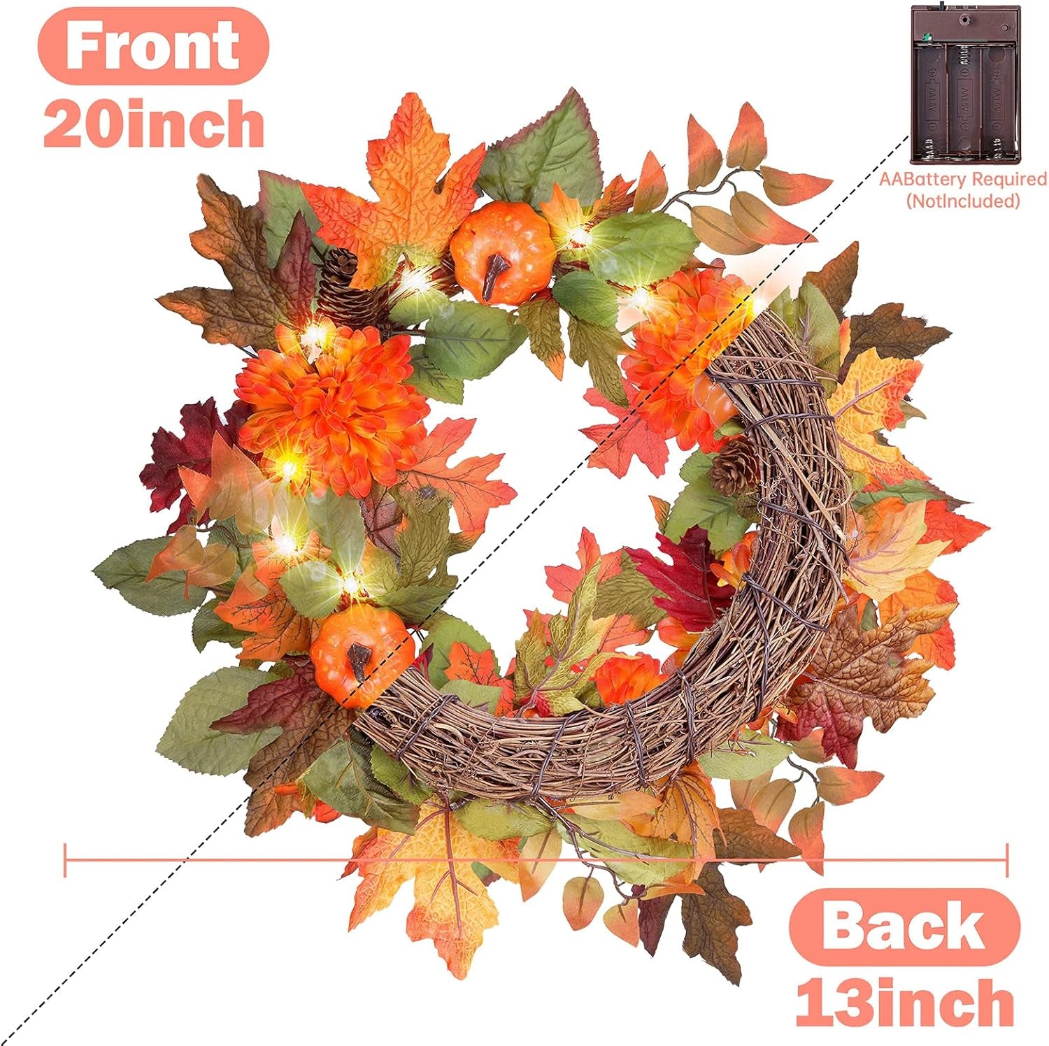 20” Pre-Lit Autumn Fall Door Wreath with Timer – LED Seasonal Front Door Decoration