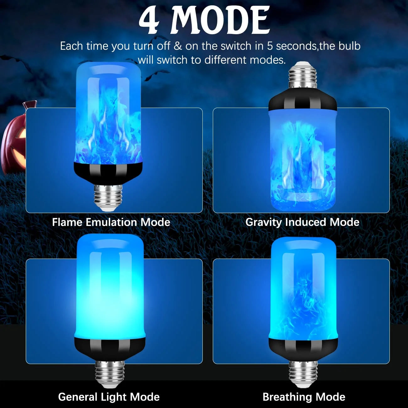 Transform Your Space with Upgraded LED Flame Light Bulbs - 4 Flickering Modes for Halloween & Parties (2 Pack)