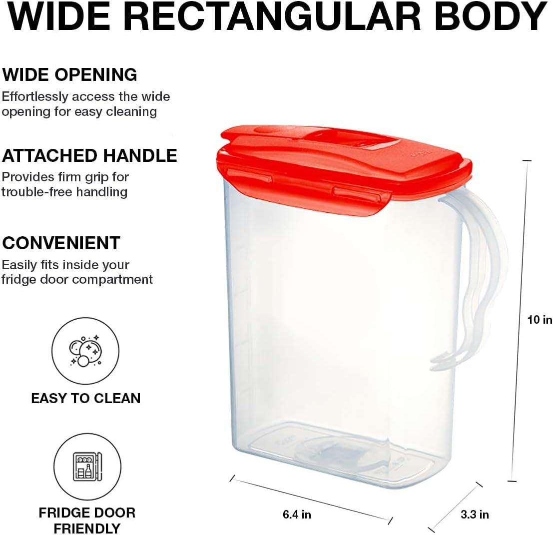 Aqua Fridge Door Water Jug - BPA Free Pitcher with Handle & Flip Top Lid, 3 Quarts - Ideal for Teas & Juices, Red