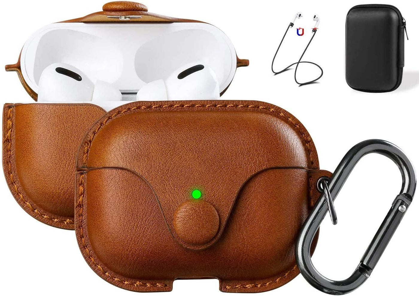 Premium Brown Leather Case for AirPods Pro 2 - Stylish Cover with Keychain & Strap, Front LED Visible, Compatible with 2019/2022/2023 Models