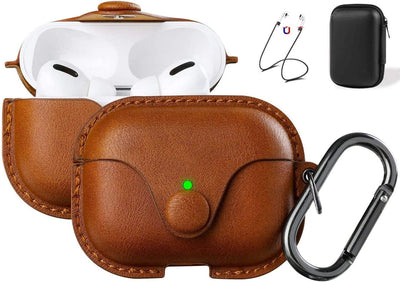 Premium Brown Leather Case for AirPods Pro 2 - Stylish Cover with Keychain & Strap, Front LED Visible, Compatible with 2019/2022/2023 Models