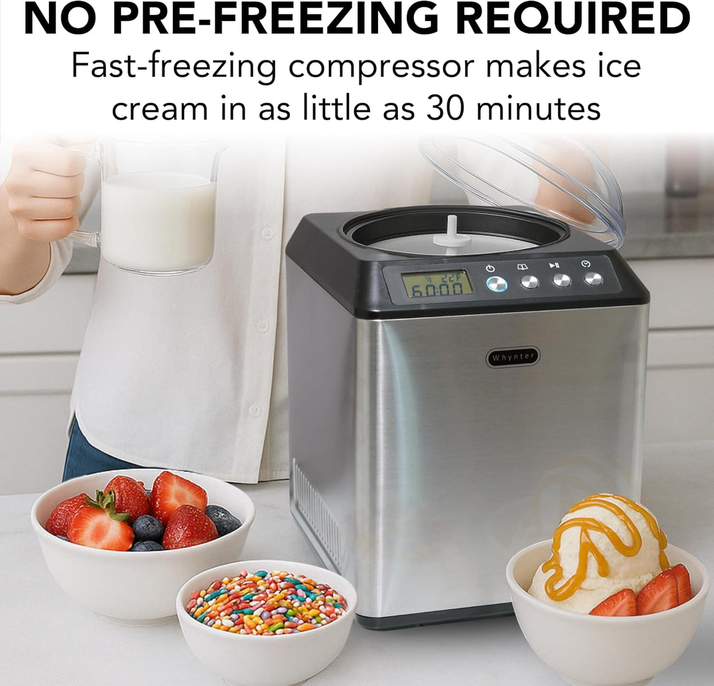 Automatic Ice Cream Maker - 2.1 Qt. Upright with Built-In Compressor, LCD Display & Timer - No Pre-Freezing - Stainless Steel ICM-201SB