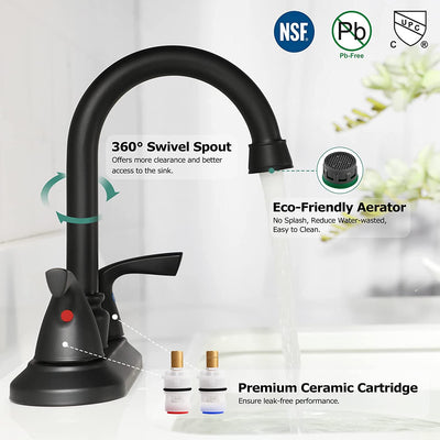 2-Handle Bathroom Faucet with Metal Drain Assembly & Supply Lines NSF Cupc Certified, Matte Black, 1359104 - GG store