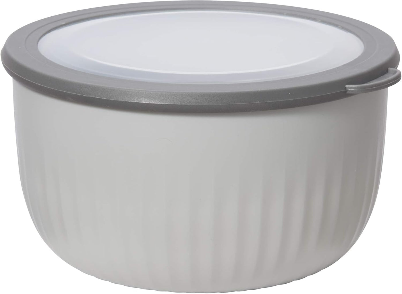 Versatile 4 Qt Plastic Bowl with See-Thru Lid - Dishwasher, Microwave & Freezer Safe - Light Gray with Dark Gray Lid