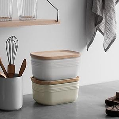 Extra Large Ceramic Butter Dish with Airtight Wooden Lid - Stylish Farmhouse Kitchen Decor, Freezer Safe & Perfect for Countertop or Fridge