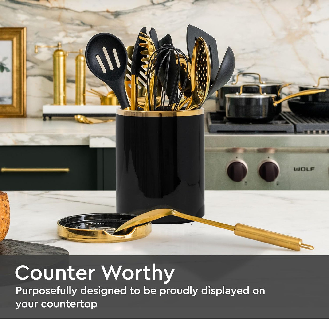 Elegant Black and Gold Ceramic Utensil Holder Set with Built-In Spoon Rest - Luxury Kitchen Accessory - Ideal for Organizing Your Cooking Utensils