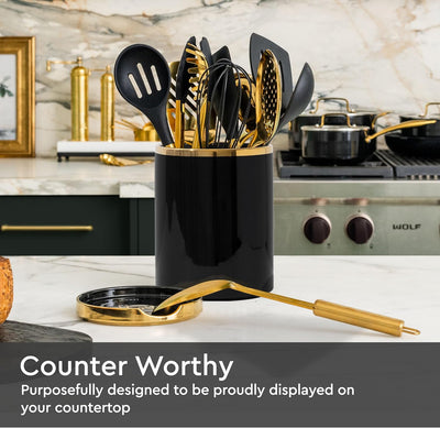 Elegant Black and Gold Ceramic Utensil Holder Set with Built-In Spoon Rest - Luxury Kitchen Accessory - Ideal for Organizing Your Cooking Utensils