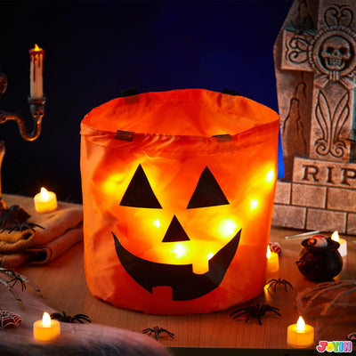 2 Pcs Halloween Candy Bag,Led Light Pumpkin Candy Buckets for Kids,Halloween Trick or Treat Bucket with Pumpkin Smile Face for Halloween Party Favors Goodie Bags