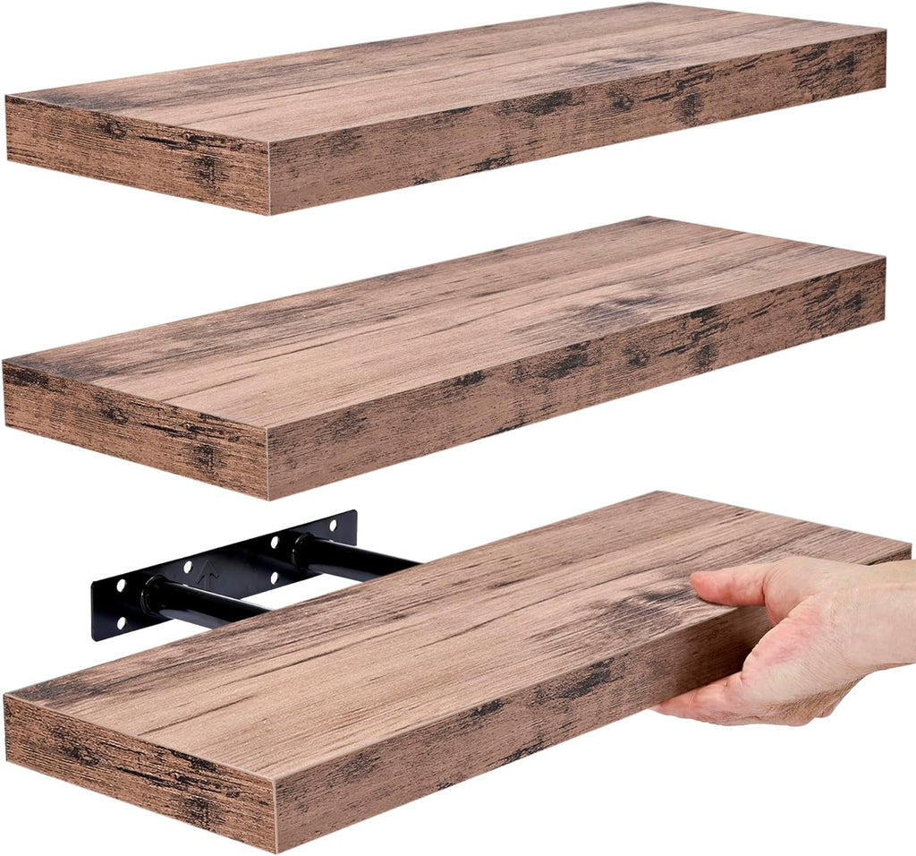 Floating Wall Shelves Set – Rustic Decorative Storage Shelves for Kitchen, Bedroom & Bathroom