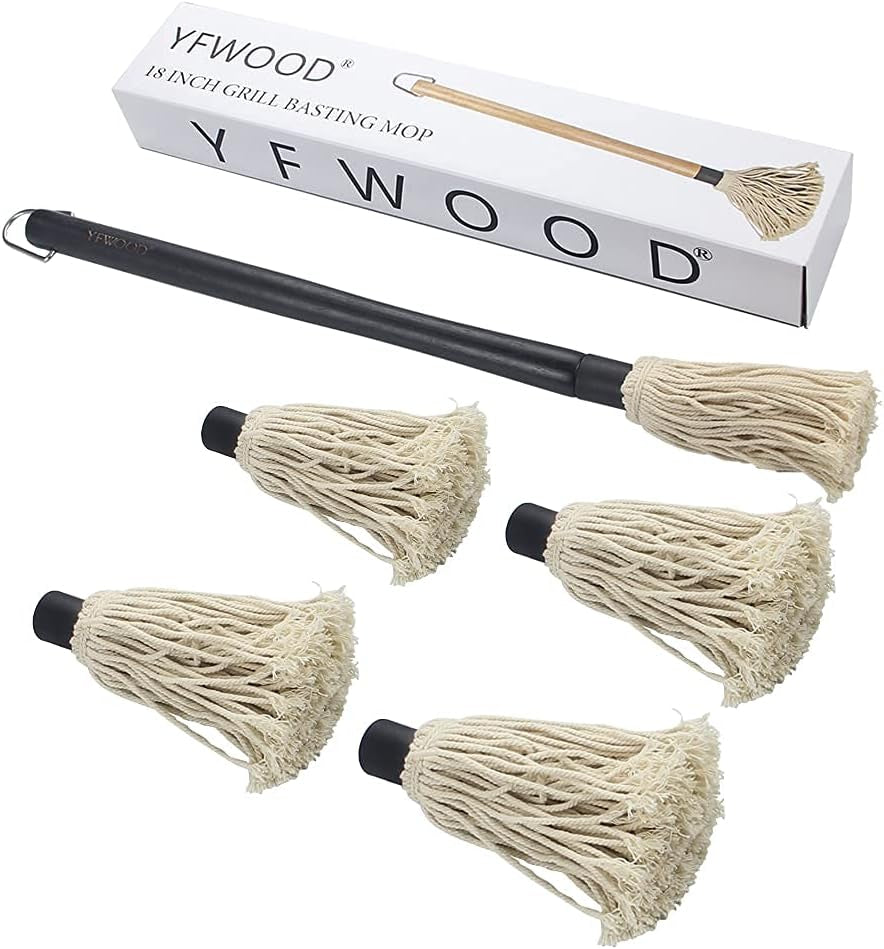 Premium 18-Inch BBQ Basting Mop with Long Wooden Handle & 4 Replacement Heads for Perfect Grilling and Smoking