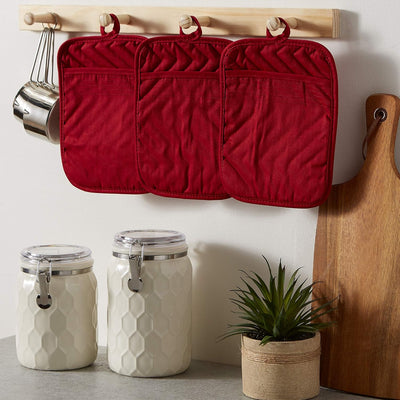 Personalized Heat Resistant Quilted Cotton Pot Holder Set - 3 Count, 7X9, Red - Customizable Kitchen Essential