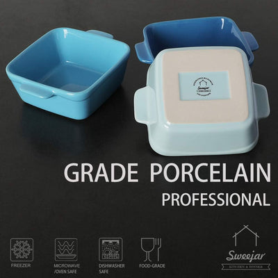 Elegant Blue Ceramic Souffle Dishes - Set of 6 Square Double Handle Ramekins for Baking Perfect Creme Brulee, Custard & Dipping - 10 OZ