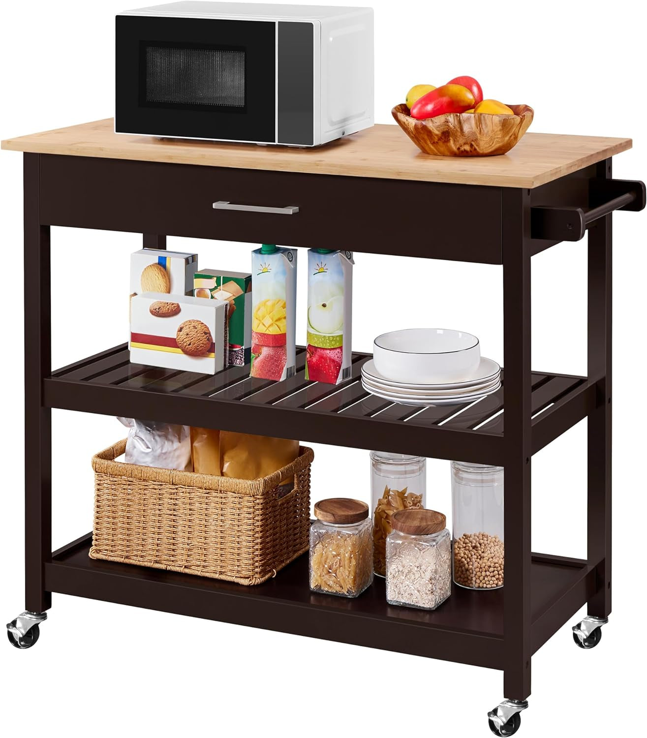 Versatile Bamboo Top Kitchen Island on Wheels - 3-Tier Rolling Cart with Drawer & Wine Storage, Espresso Finish, Perfect for Serving & Microwave Use, 20" D X 40" W